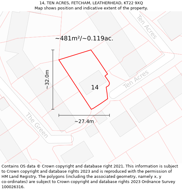 14, TEN ACRES, FETCHAM, LEATHERHEAD, KT22 9XQ: Plot and title map