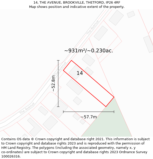 14, THE AVENUE, BROOKVILLE, THETFORD, IP26 4RF: Plot and title map