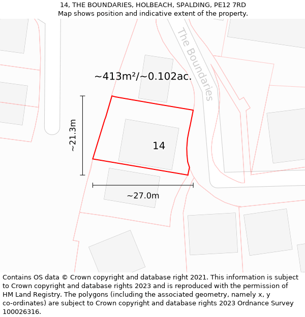 14, THE BOUNDARIES, HOLBEACH, SPALDING, PE12 7RD: Plot and title map