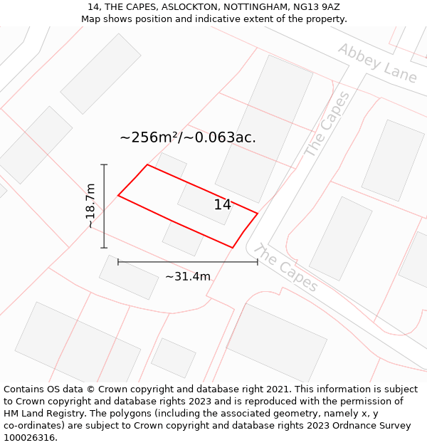 14, THE CAPES, ASLOCKTON, NOTTINGHAM, NG13 9AZ: Plot and title map