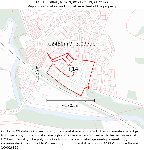 14, THE DRIVE, MISKIN, PONTYCLUN, CF72 8PX: Plot and title map