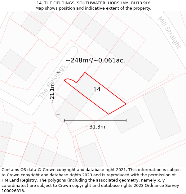 14, THE FIELDINGS, SOUTHWATER, HORSHAM, RH13 9LY: Plot and title map