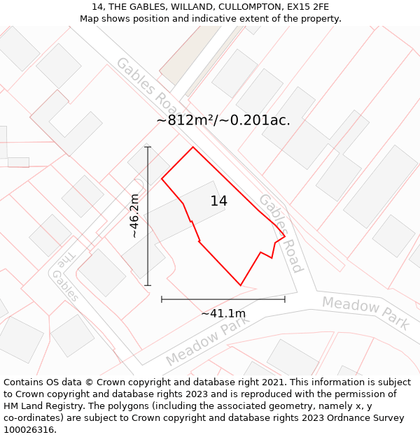 14, THE GABLES, WILLAND, CULLOMPTON, EX15 2FE: Plot and title map