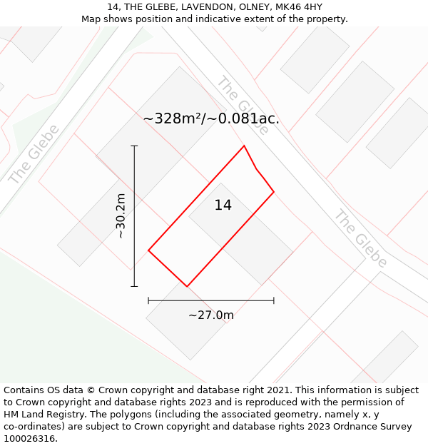 14, THE GLEBE, LAVENDON, OLNEY, MK46 4HY: Plot and title map