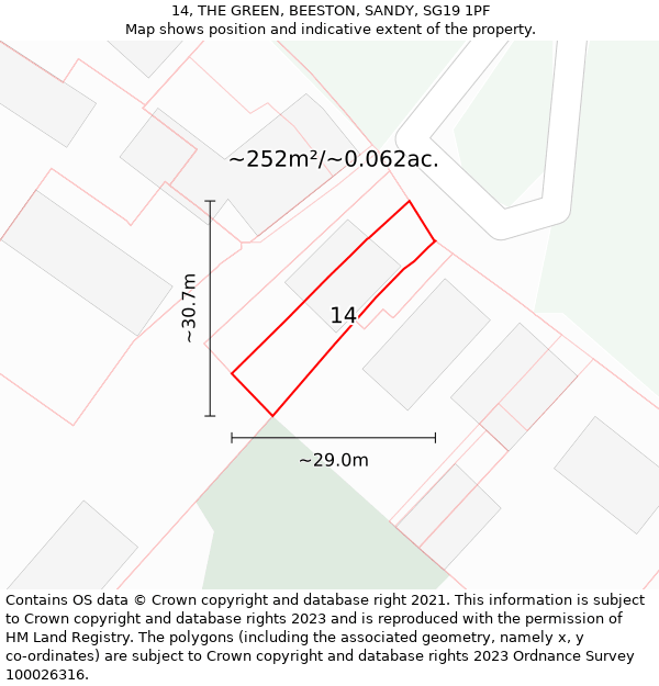 14, THE GREEN, BEESTON, SANDY, SG19 1PF: Plot and title map