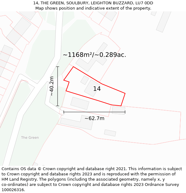 14, THE GREEN, SOULBURY, LEIGHTON BUZZARD, LU7 0DD: Plot and title map