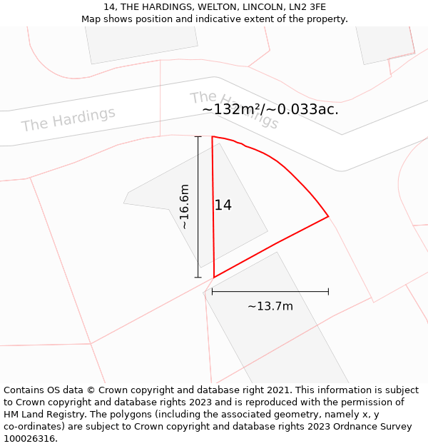 14, THE HARDINGS, WELTON, LINCOLN, LN2 3FE: Plot and title map