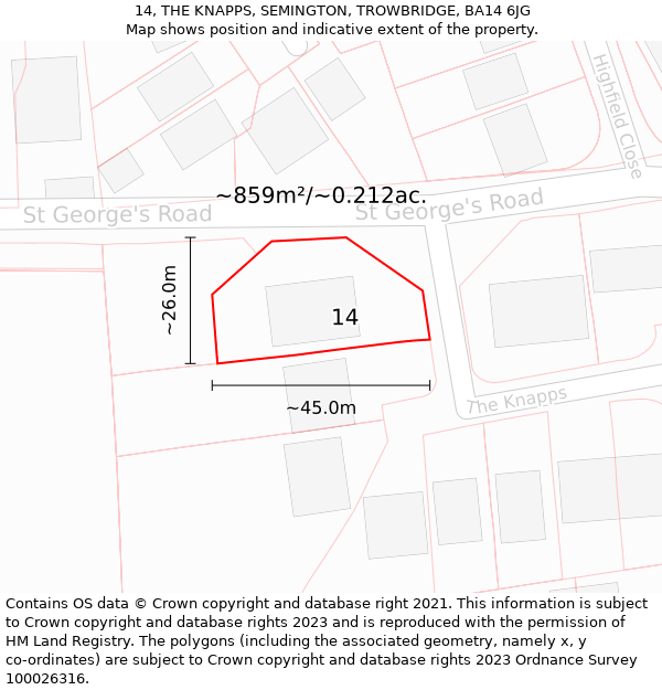 14, THE KNAPPS, SEMINGTON, TROWBRIDGE, BA14 6JG: Plot and title map