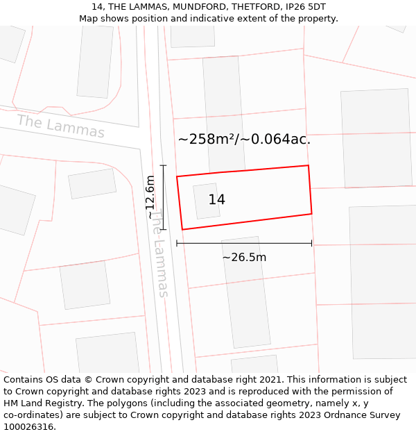 14, THE LAMMAS, MUNDFORD, THETFORD, IP26 5DT: Plot and title map