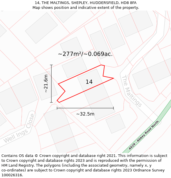 14, THE MALTINGS, SHEPLEY, HUDDERSFIELD, HD8 8FA: Plot and title map