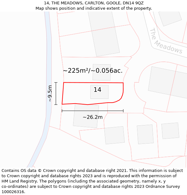 14, THE MEADOWS, CARLTON, GOOLE, DN14 9QZ: Plot and title map