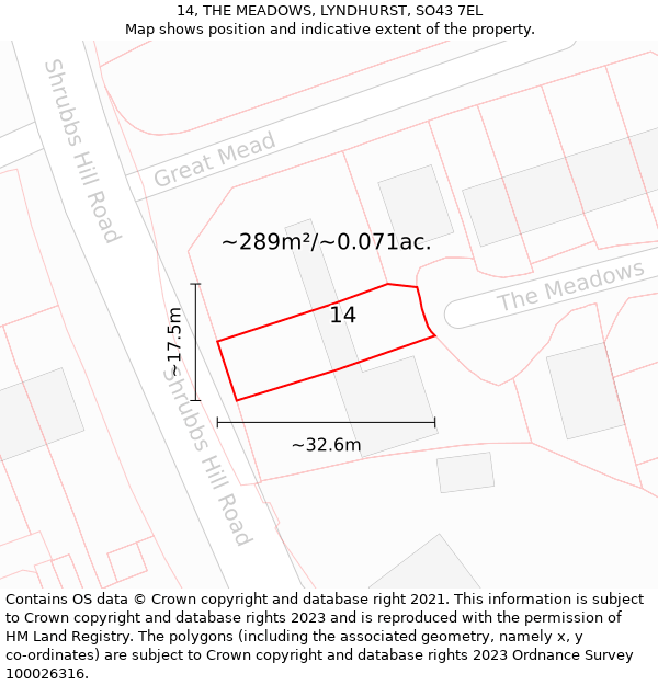 14, THE MEADOWS, LYNDHURST, SO43 7EL: Plot and title map