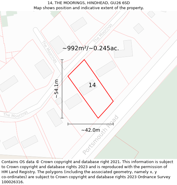 14, THE MOORINGS, HINDHEAD, GU26 6SD: Plot and title map