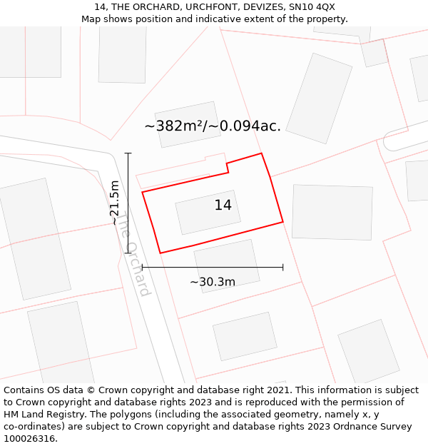 14, THE ORCHARD, URCHFONT, DEVIZES, SN10 4QX: Plot and title map