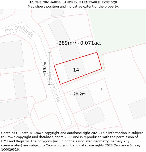 14, THE ORCHARDS, LANDKEY, BARNSTAPLE, EX32 0QP: Plot and title map