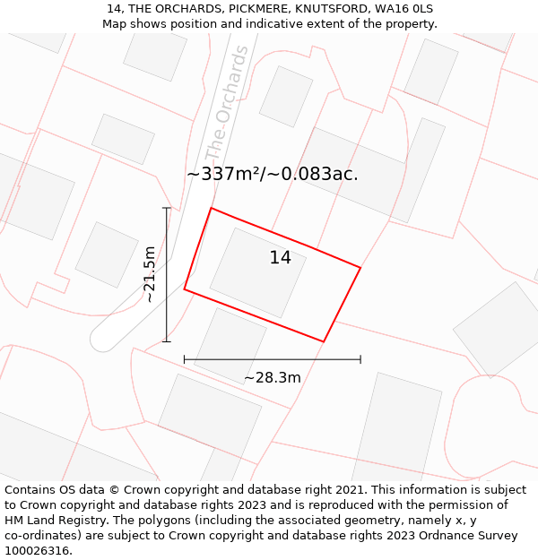 14, THE ORCHARDS, PICKMERE, KNUTSFORD, WA16 0LS: Plot and title map
