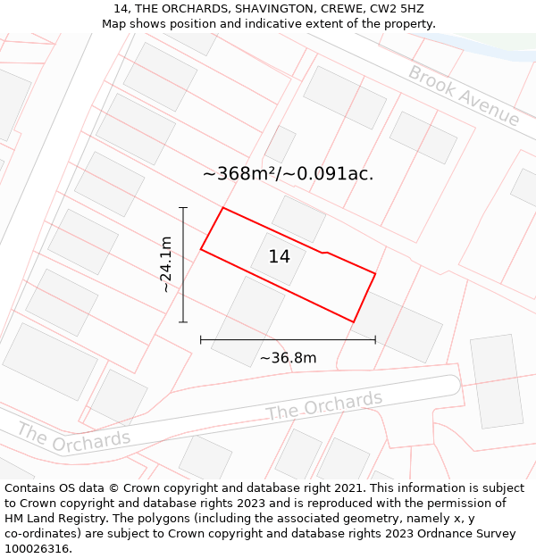 14, THE ORCHARDS, SHAVINGTON, CREWE, CW2 5HZ: Plot and title map