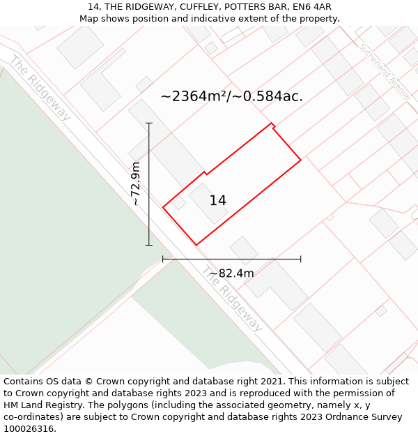 14, THE RIDGEWAY, CUFFLEY, POTTERS BAR, EN6 4AR: Plot and title map