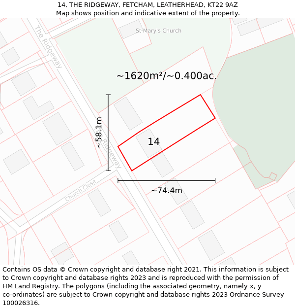 14, THE RIDGEWAY, FETCHAM, LEATHERHEAD, KT22 9AZ: Plot and title map