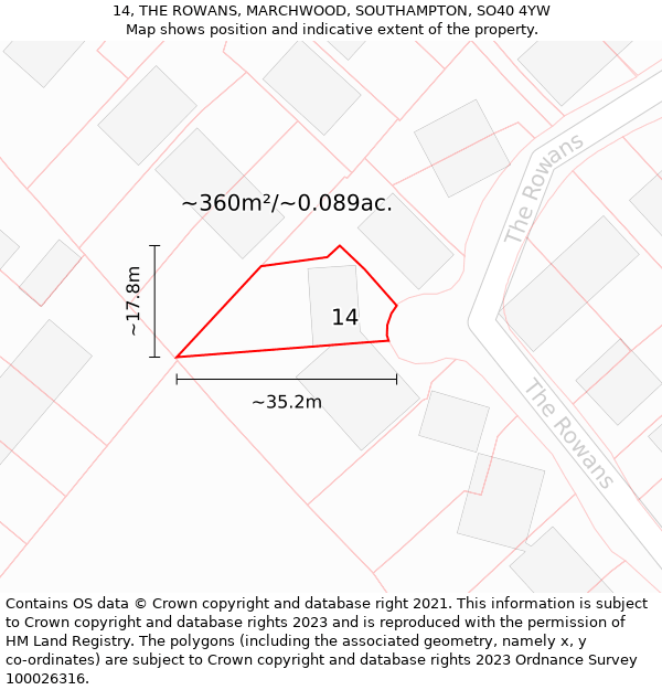 14, THE ROWANS, MARCHWOOD, SOUTHAMPTON, SO40 4YW: Plot and title map