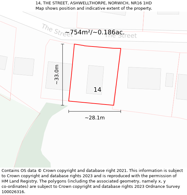 14, THE STREET, ASHWELLTHORPE, NORWICH, NR16 1HD: Plot and title map