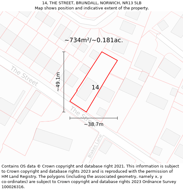 14, THE STREET, BRUNDALL, NORWICH, NR13 5LB: Plot and title map