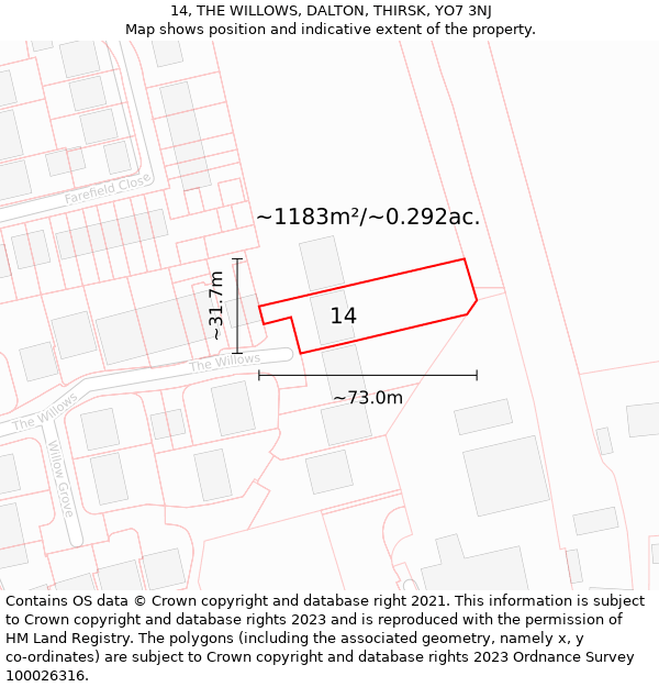 14, THE WILLOWS, DALTON, THIRSK, YO7 3NJ: Plot and title map