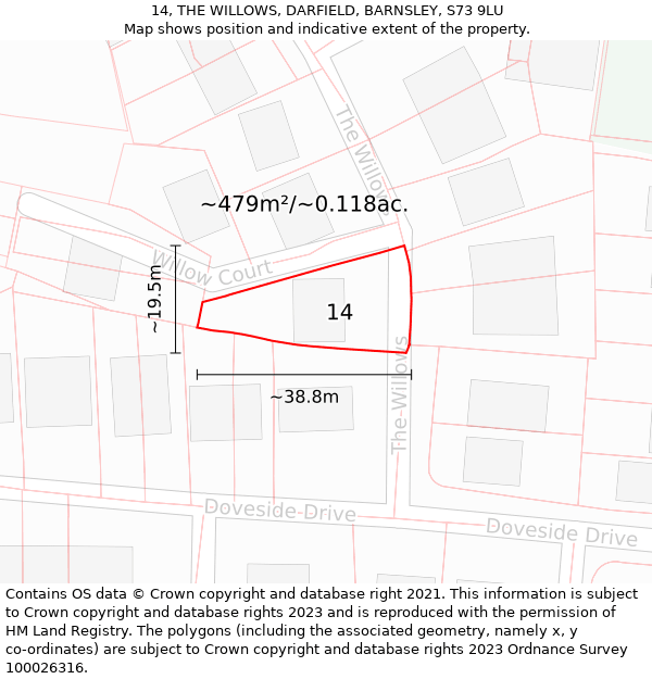 14, THE WILLOWS, DARFIELD, BARNSLEY, S73 9LU: Plot and title map