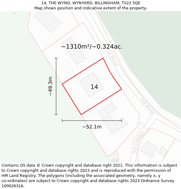 14, THE WYND, WYNYARD, BILLINGHAM, TS22 5QE: Plot and title map