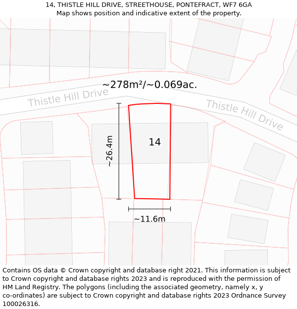 14, THISTLE HILL DRIVE, STREETHOUSE, PONTEFRACT, WF7 6GA: Plot and title map