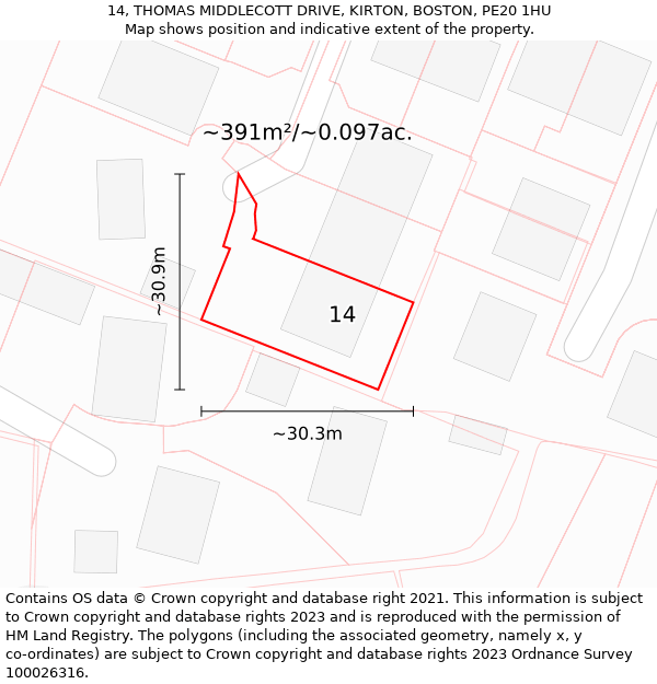 14, THOMAS MIDDLECOTT DRIVE, KIRTON, BOSTON, PE20 1HU: Plot and title map