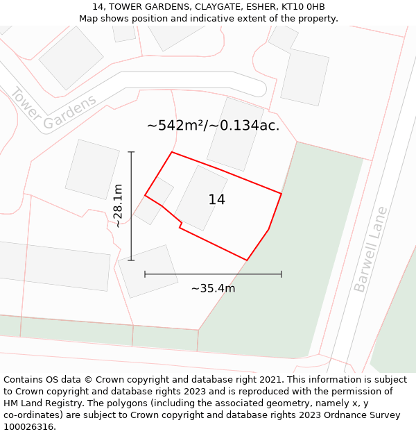 14, TOWER GARDENS, CLAYGATE, ESHER, KT10 0HB: Plot and title map