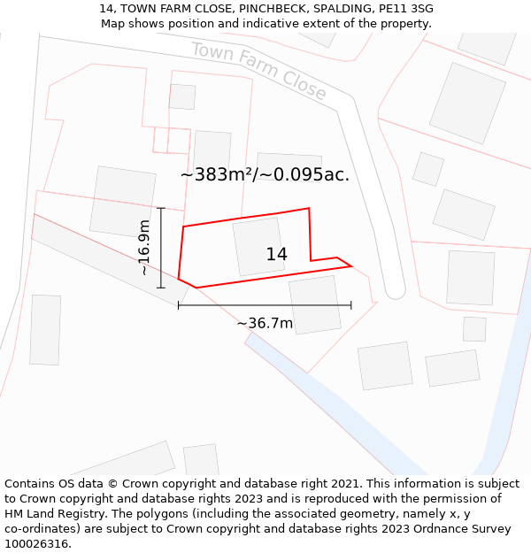 14, TOWN FARM CLOSE, PINCHBECK, SPALDING, PE11 3SG: Plot and title map