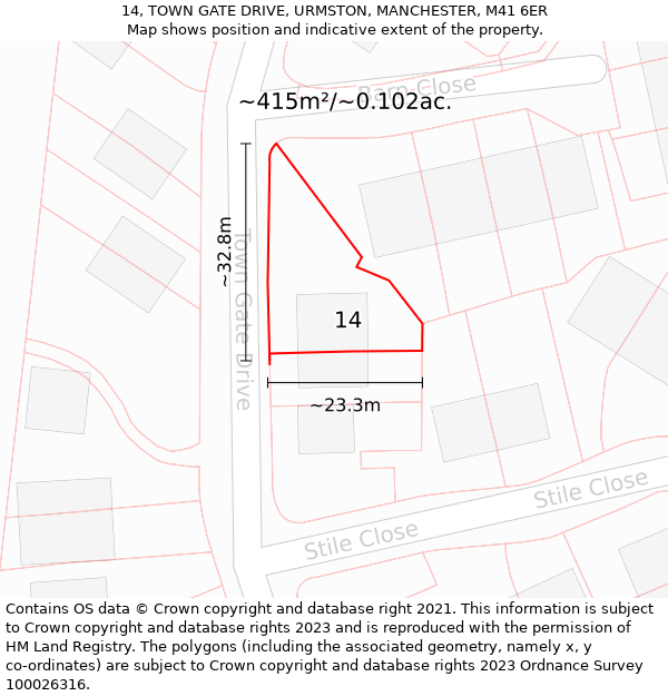 14, TOWN GATE DRIVE, URMSTON, MANCHESTER, M41 6ER: Plot and title map