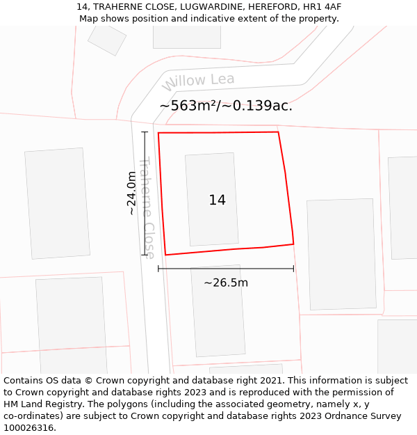 14, TRAHERNE CLOSE, LUGWARDINE, HEREFORD, HR1 4AF: Plot and title map