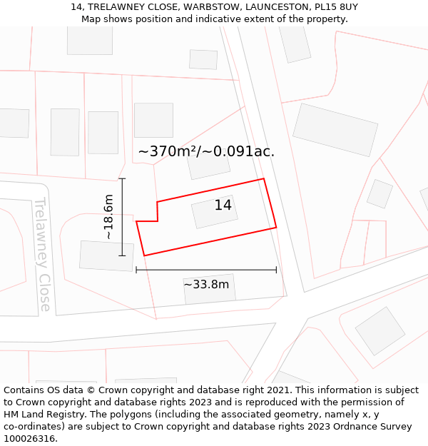 14, TRELAWNEY CLOSE, WARBSTOW, LAUNCESTON, PL15 8UY: Plot and title map