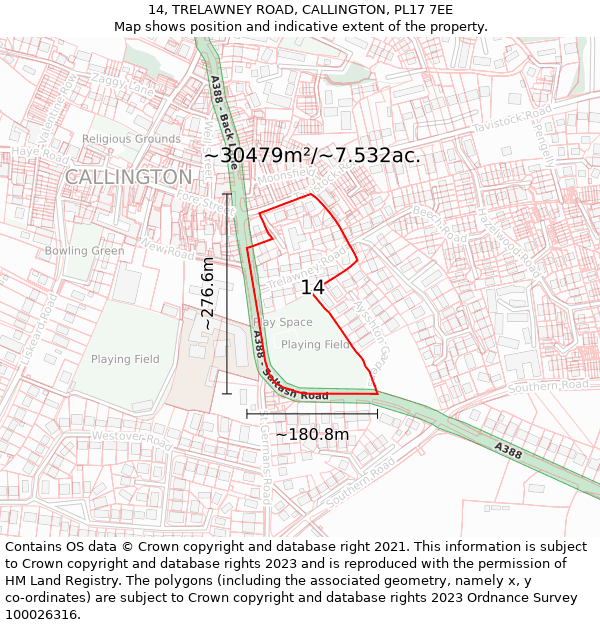 14, TRELAWNEY ROAD, CALLINGTON, PL17 7EE: Plot and title map