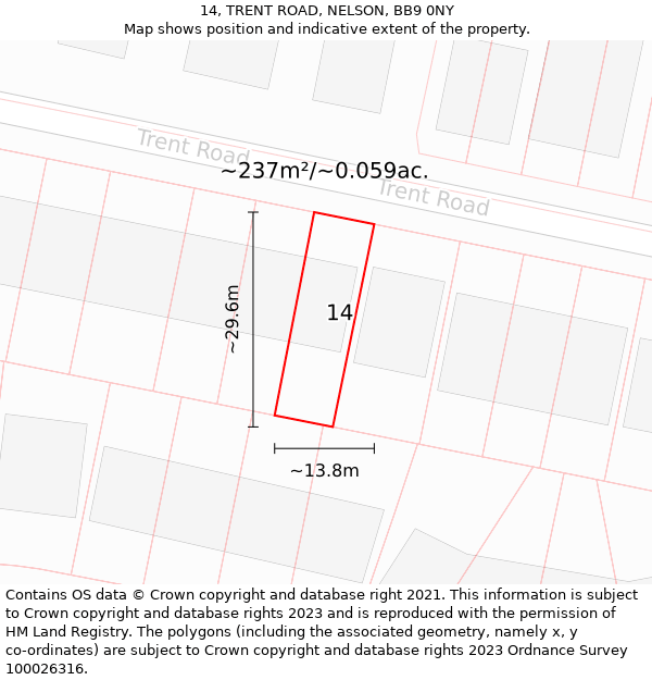 14, TRENT ROAD, NELSON, BB9 0NY: Plot and title map