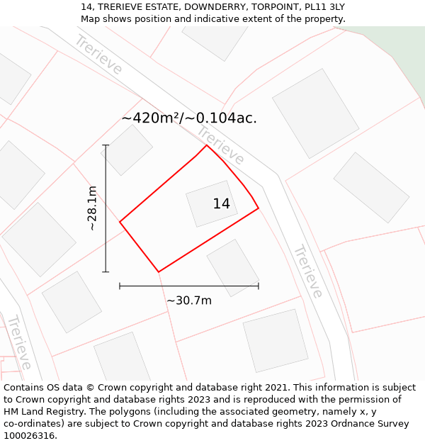 14, TRERIEVE ESTATE, DOWNDERRY, TORPOINT, PL11 3LY: Plot and title map