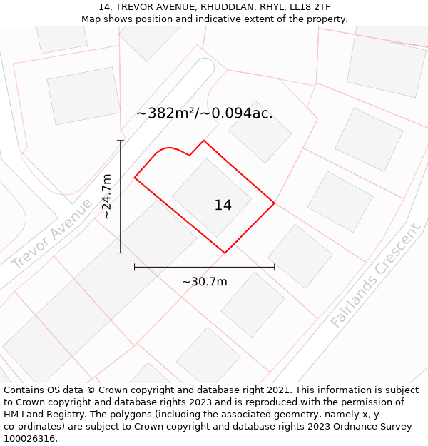 14, TREVOR AVENUE, RHUDDLAN, RHYL, LL18 2TF: Plot and title map