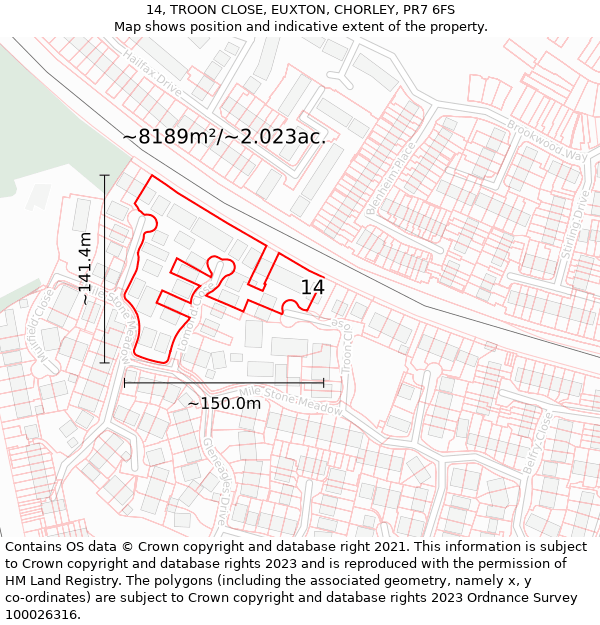 14, TROON CLOSE, EUXTON, CHORLEY, PR7 6FS: Plot and title map