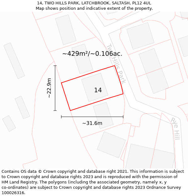 14, TWO HILLS PARK, LATCHBROOK, SALTASH, PL12 4UL: Plot and title map