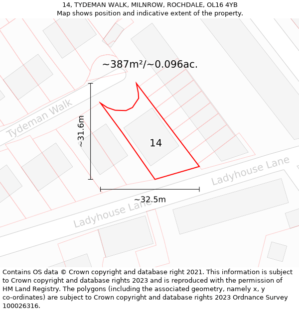 14, TYDEMAN WALK, MILNROW, ROCHDALE, OL16 4YB: Plot and title map