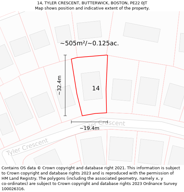 14, TYLER CRESCENT, BUTTERWICK, BOSTON, PE22 0JT: Plot and title map