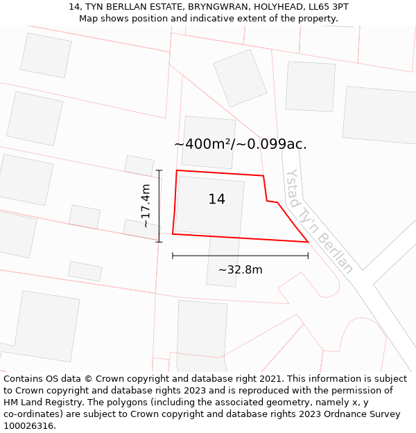 14, TYN BERLLAN ESTATE, BRYNGWRAN, HOLYHEAD, LL65 3PT: Plot and title map