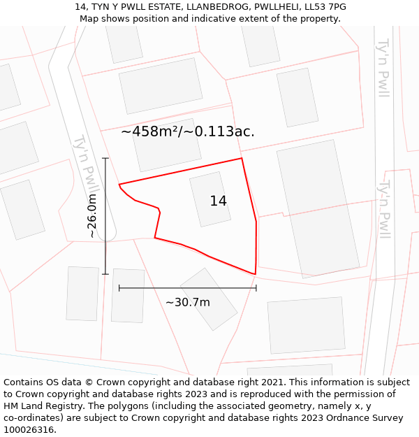 14, TYN Y PWLL ESTATE, LLANBEDROG, PWLLHELI, LL53 7PG: Plot and title map