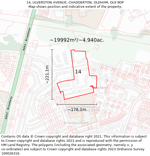 14, ULVERSTON AVENUE, CHADDERTON, OLDHAM, OL9 9DP: Plot and title map