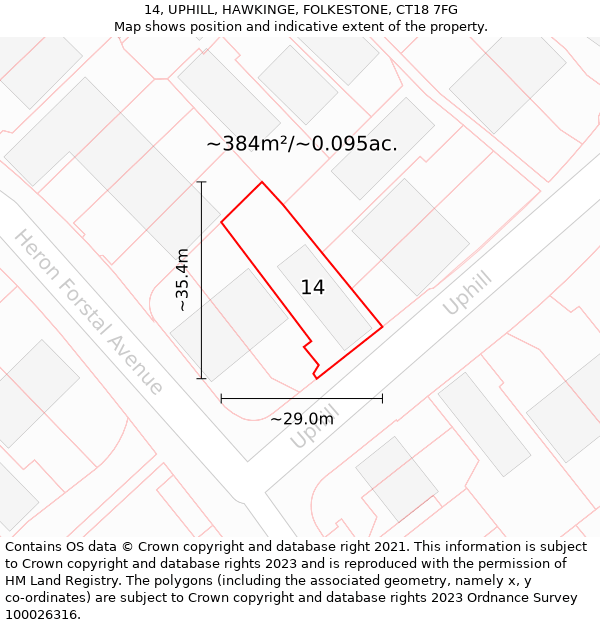 14, UPHILL, HAWKINGE, FOLKESTONE, CT18 7FG: Plot and title map