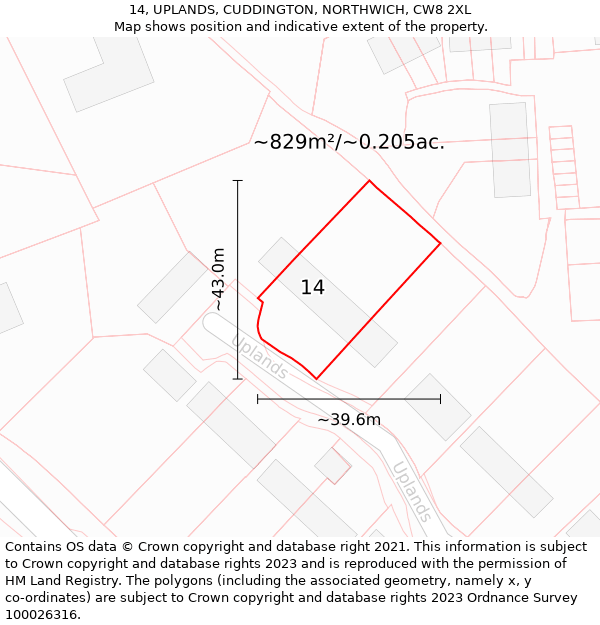 14, UPLANDS, CUDDINGTON, NORTHWICH, CW8 2XL: Plot and title map