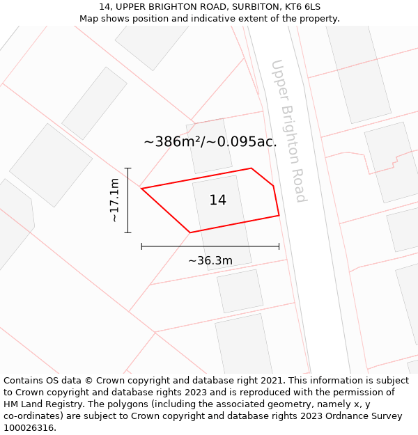 14, UPPER BRIGHTON ROAD, SURBITON, KT6 6LS: Plot and title map